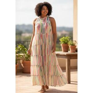 Jess Lea Womens Dress Plus 2X Pastel Watercolor Stripe Tiered Maxi Flowy Resort